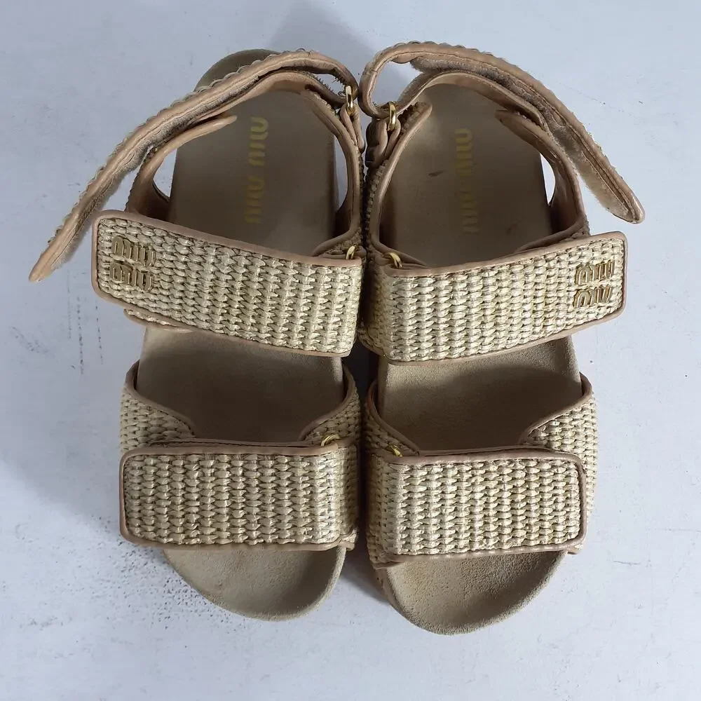 Miu Miu Beige Woven Cork Platform Sandals - Picture 6 of 8